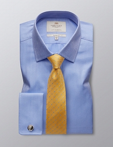 Картинка Mens Formal Blue Herringbone Classic Fit Shirt Double Cuff Easy Iron