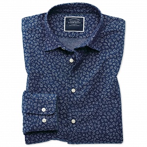 Картинка Classic fit leaf print blue chambray shirt