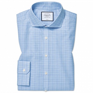 Картинка Super slim fit cutaway non-iron Prince of Wales check sky blue shirt