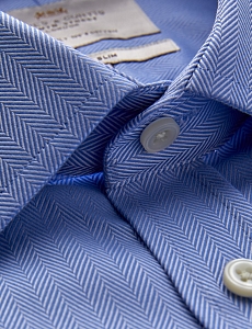 Картинка Mens Formal Blue Herringbone Fitted Slim Shirt Double Cuff Easy Iron