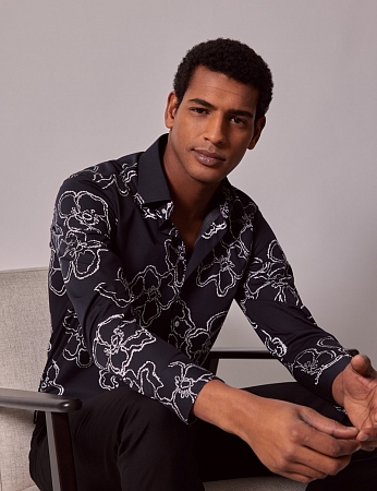картинка Brandon Navy & White Floral Slim Diamond Weave Shirt - Mid-Collar от магазина  Fineshirt 