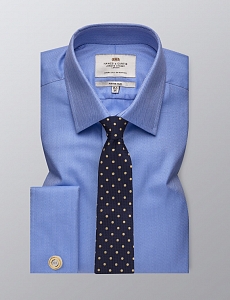 Картинка Mens Formal Blue Herringbone Fitted Slim Shirt Double Cuff Easy Iron